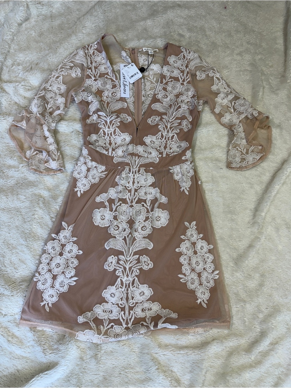 For Love And Lemons Blush Mesh Mini Dress with White Floral Appliqué